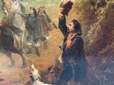 a painting of a man riding a horse with a dog