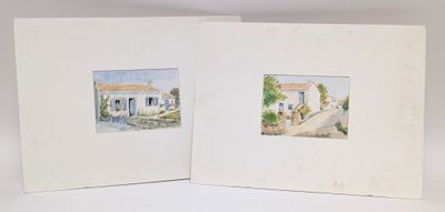 two watercolor paintings of houses on a white background