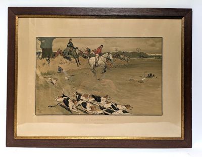 tableau encadré représentant un homme à cheval et un groupe de chiens