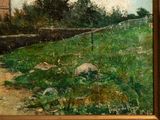 a picture of a painting of a field with rocks and grass