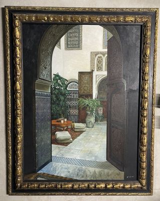 tableau représentant une porte donnant sur une cour où se trouve une plante en pot