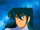 anime girl with long black hair and blue eyes in front of a blue background