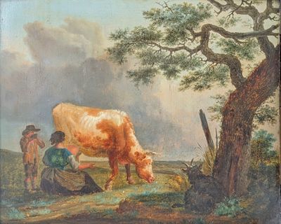 a painting of a cow and two men in a field