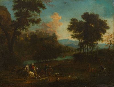 painting of a wooded landscape with a river and people on horseback