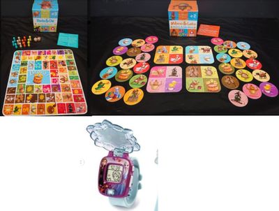 several pictures of a variety of toys and games on a table
