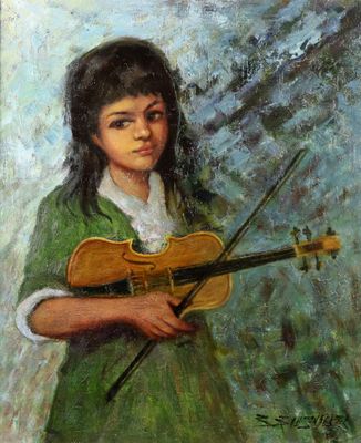 une peinture à l'huile représentant une femme tenant un violon entre ses mains