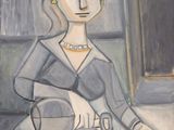 tableau représentant une femme assise sur une table, avec un bol de fruits devant elle