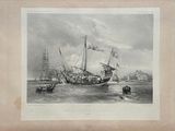 an old print of a ship in the water with other boats