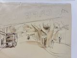 sketches of a drawing of a street scene with a bus and people