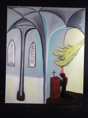 a painting of a woman sitting in a church