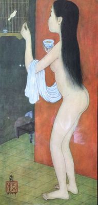 tableau représentant une femme tenant une cage à oiseaux et un bol de nourriture