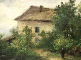 a painting of a house in the middle of a field