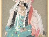 an oil painting of a woman in a green dress sitting on the ground