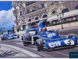a painting of a blue race car driving down the street