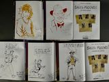 several drawings of a man with a hat and glasses on a shelf
