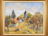 an oil painting of a church on a hill with trees in the foreground