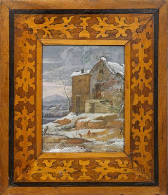 un vieux tableau représentant une maison dans un paysage enneigé