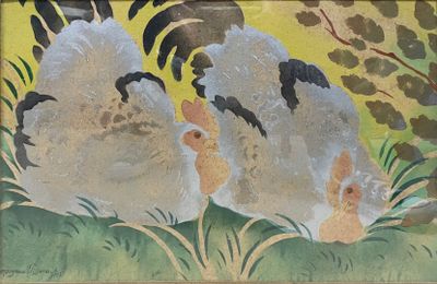 MANZANA PISSARRO (1871-1961) Deux coqs Pochoir, gouache et r…