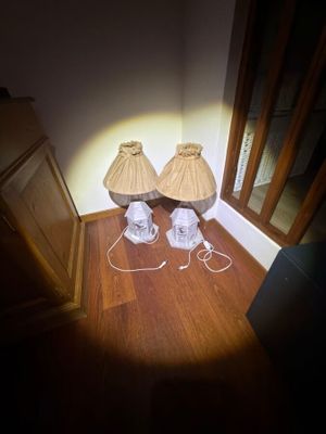 two lamps that are sitting on a hard wood floor