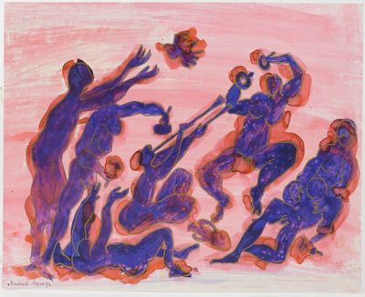 an image of a painting of a group of people playing with a ball