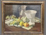 peinture d'une nature morte de fruits et d'un pichet sur une table