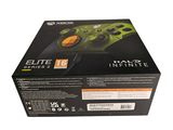 a black box with a green and orange design on it
