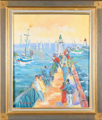 painting of a group of people on a pier with a boat in the background