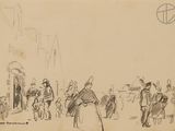 dessin représentant un groupe de personnes marchant dans une rue, près d'un immeuble