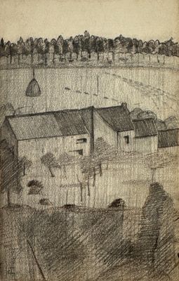drawing of a village with a church and a church steeple in the distance