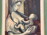 tableau représentant une femme tenant un bébé dans ses bras, dans un cadre vert