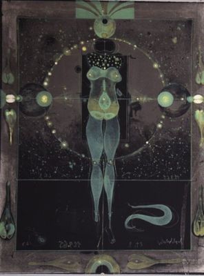 a painting of a woman standing in front of a mirror