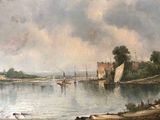 un tableau représentant une scène fluviale avec des bateaux sur l'eau