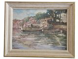 a painting of a boat on the water with a house in the background