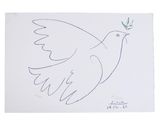 un dessin représentant une colombe blanche tenant une brindille verte dans son bec