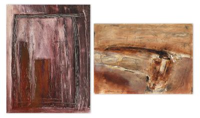 two paintings of different colors and shapes are shown on a white background