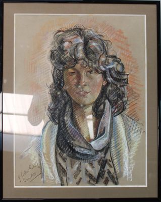 tableau représentant une femme portant un foulard et un foulard autour du cou