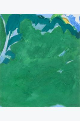 a painting of a green landscape with trees and a rainbow in the sky