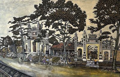 une peinture d'un train descendant les rails