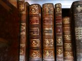 plusieurs vieux livres sont alignés sur une étagère dans une bibliothèque