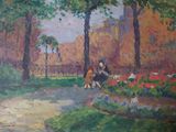 a painting of a woman sitting on a bench in a park