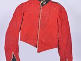 an image of a red jacket with black trims hanging on a wooden hanger