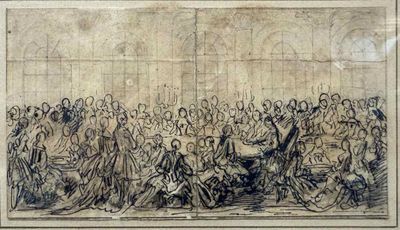 an old drawing of a large group of people in a room