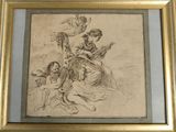 dessin représentant une femme jouant de la harpe en compagnie de deux enfants et d'un chien