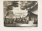 a drawing of a man standing on a horse in front of a group of people