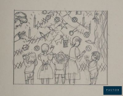 dessin représentant un groupe de personnes debout devant un mur