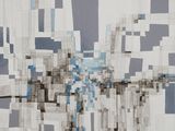 a picture of a painting of a blue and white flower on the wall