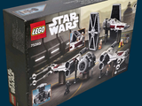 a box with a lego star wars tie fighter set in it