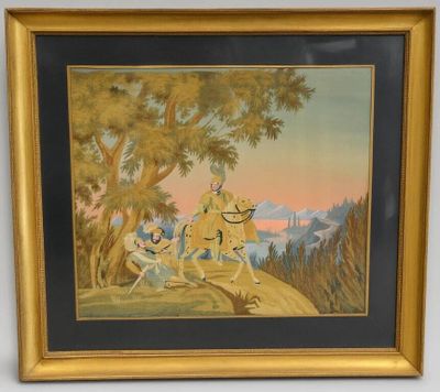 tableau représentant un homme à cheval avec une femme assise derrière lui