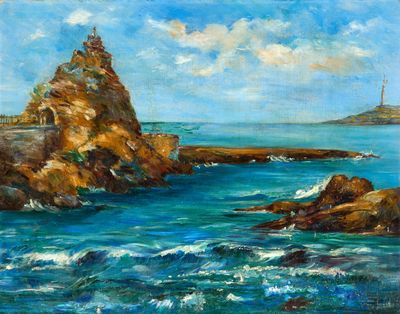 une peinture à l'huile représentant un phare au sommet d'une falaise près de l'océan