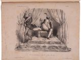 a drawing of a man and a woman sitting on a bed